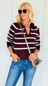 Weekend Club Striped Polo Sweater - Burgundy-140 Sweaters-LOVE TREE-Coastal Bloom Boutique, find the trendiest versions of the popular styles and looks Located in Indialantic, FL