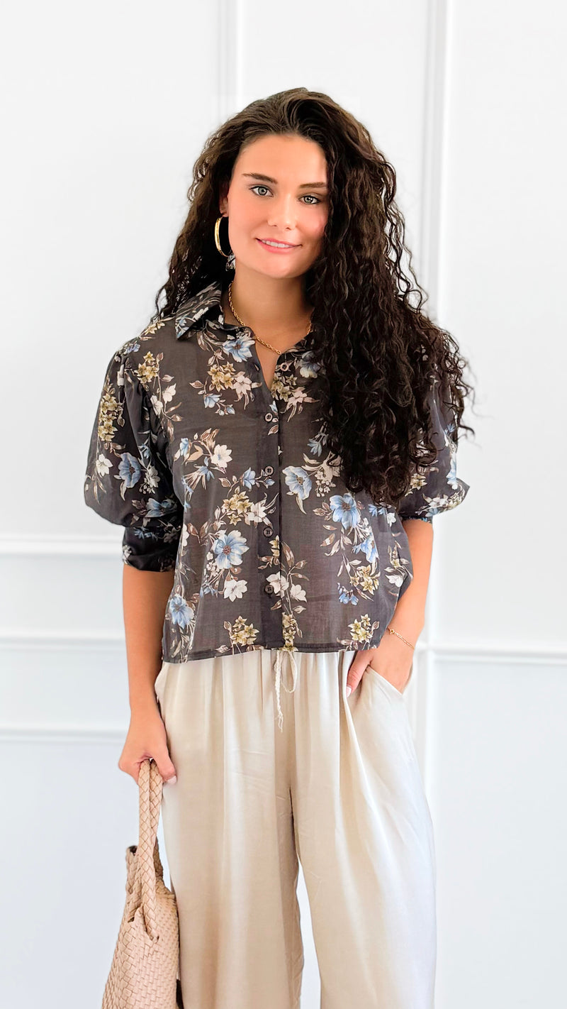 Botanical Romance Puff Sleeve Italian Button Down Top-110 short Sleeve Top-AZUL MONACO-Coastal Bloom Boutique, find the trendiest versions of the popular styles and looks Located in Indialantic, FL