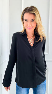 Luxe Essential Button Blouse Top - Black-130 Long Sleeve Tops-Michel-Coastal Bloom Boutique, find the trendiest versions of the popular styles and looks Located in Indialantic, FL