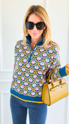 Tri-Bloom Zip Mock Sweater-Peacock Blue Multi-140 Sweaters-&MERCI-Coastal Bloom Boutique, find the trendiest versions of the popular styles and looks Located in Indialantic, FL