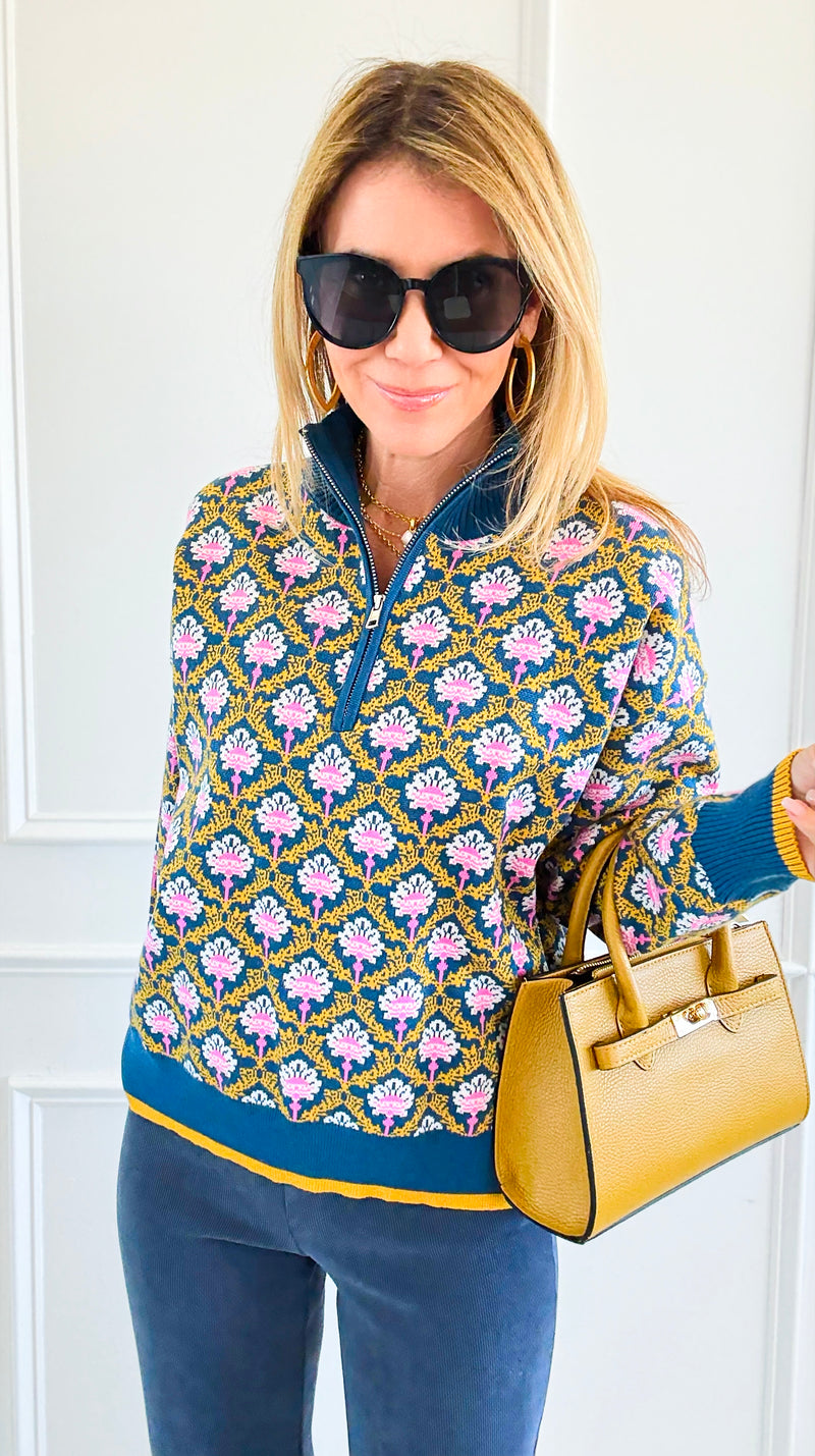 Tri-Bloom Zip Mock Sweater-Peacock Blue Multi-140 Sweaters-&MERCI-Coastal Bloom Boutique, find the trendiest versions of the popular styles and looks Located in Indialantic, FL