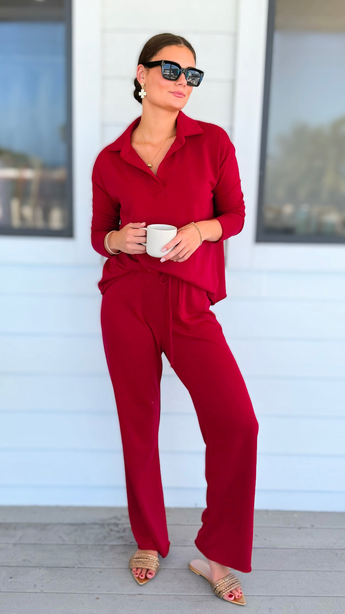 Chic & Cozy Eileen French Terry Pant Set - Cranberry-210 Loungewear/sets-EC COLLECTION INC-Coastal Bloom Boutique, find the trendiest versions of the popular styles and looks Located in Indialantic, FL