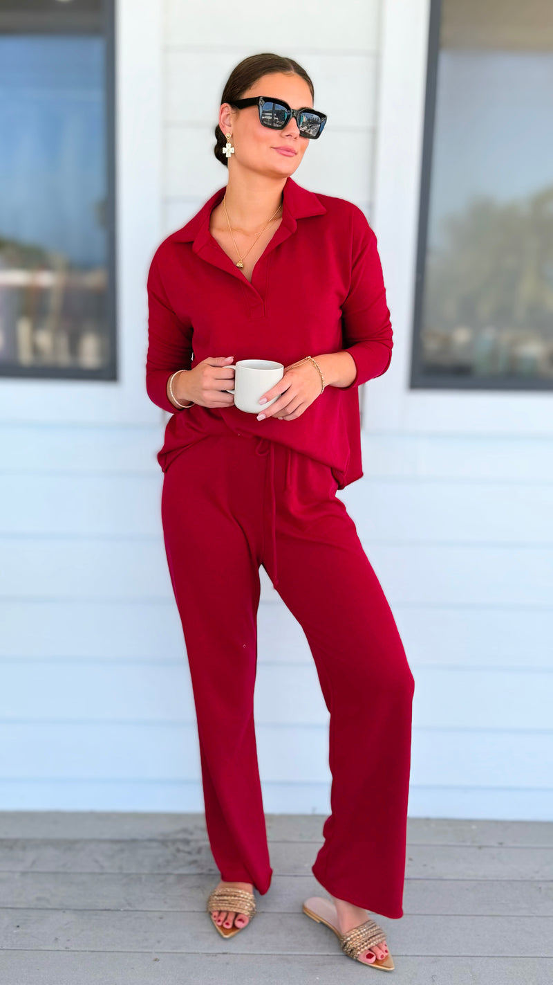Chic & Cozy Eileen French Terry Pant Set - Cranberry-210 Loungewear/sets-EC COLLECTION INC-Coastal Bloom Boutique, find the trendiest versions of the popular styles and looks Located in Indialantic, FL