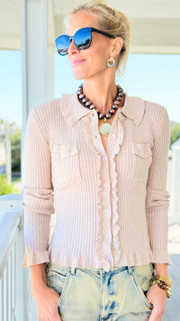 Ruffle Button-Long Sleeve Tops - Oatmeal