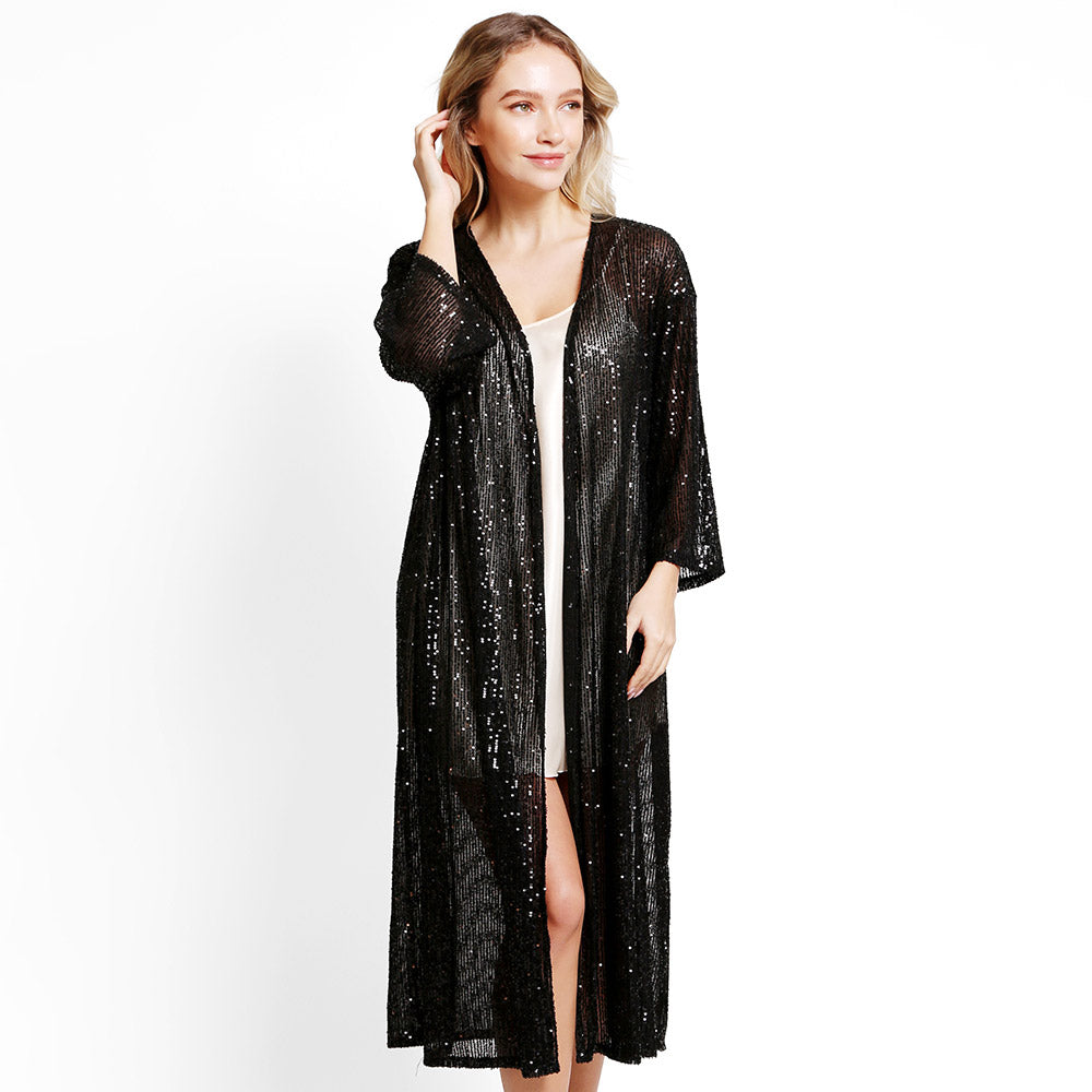 Longline Sequin Kimono- Black-150 Cardigans/Layers-NYW-Coastal Bloom Boutique, find the trendiest versions of the popular styles and looks Located in Indialantic, FL