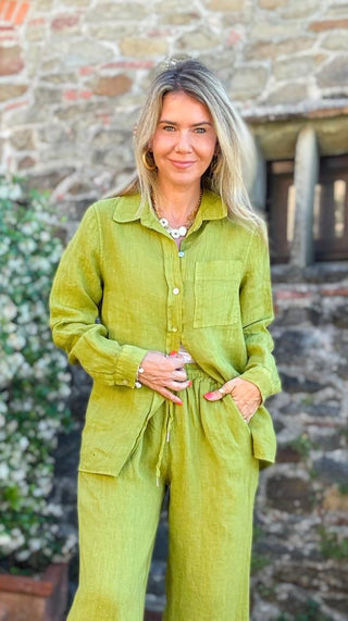 Tuscany Linen Italian Button Top - Pistachio