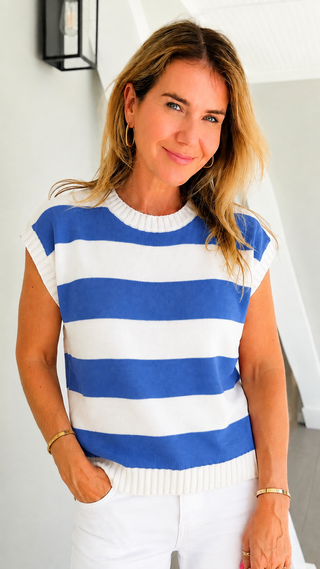 Striped Sleeveless Knit Top - White/French Blue