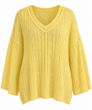 Cable Knit V-Neck Sweater - Yellow