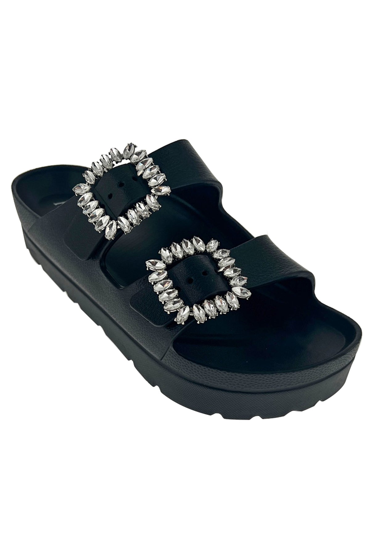 Stone Buckle Double-Strap Sandals - Black-250 Shoes-H2K TRADING-Coastal Bloom Boutique, find the trendiest versions of the popular styles and looks Located in Indialantic, FL