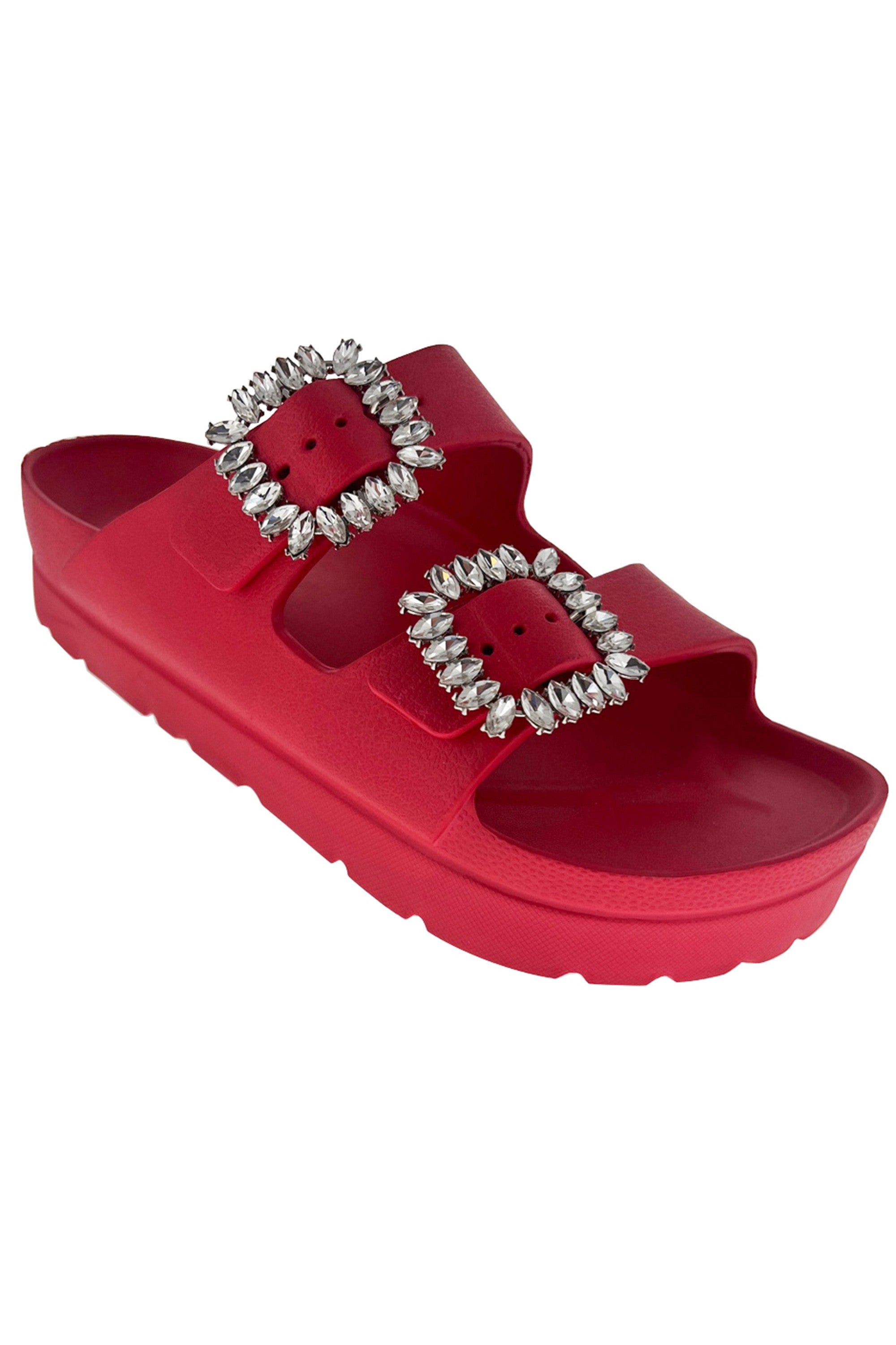 Stone Buckle Double-Strap Sandals - Red-250 Shoes-H2K TRADING-Coastal Bloom Boutique, find the trendiest versions of the popular styles and looks Located in Indialantic, FL