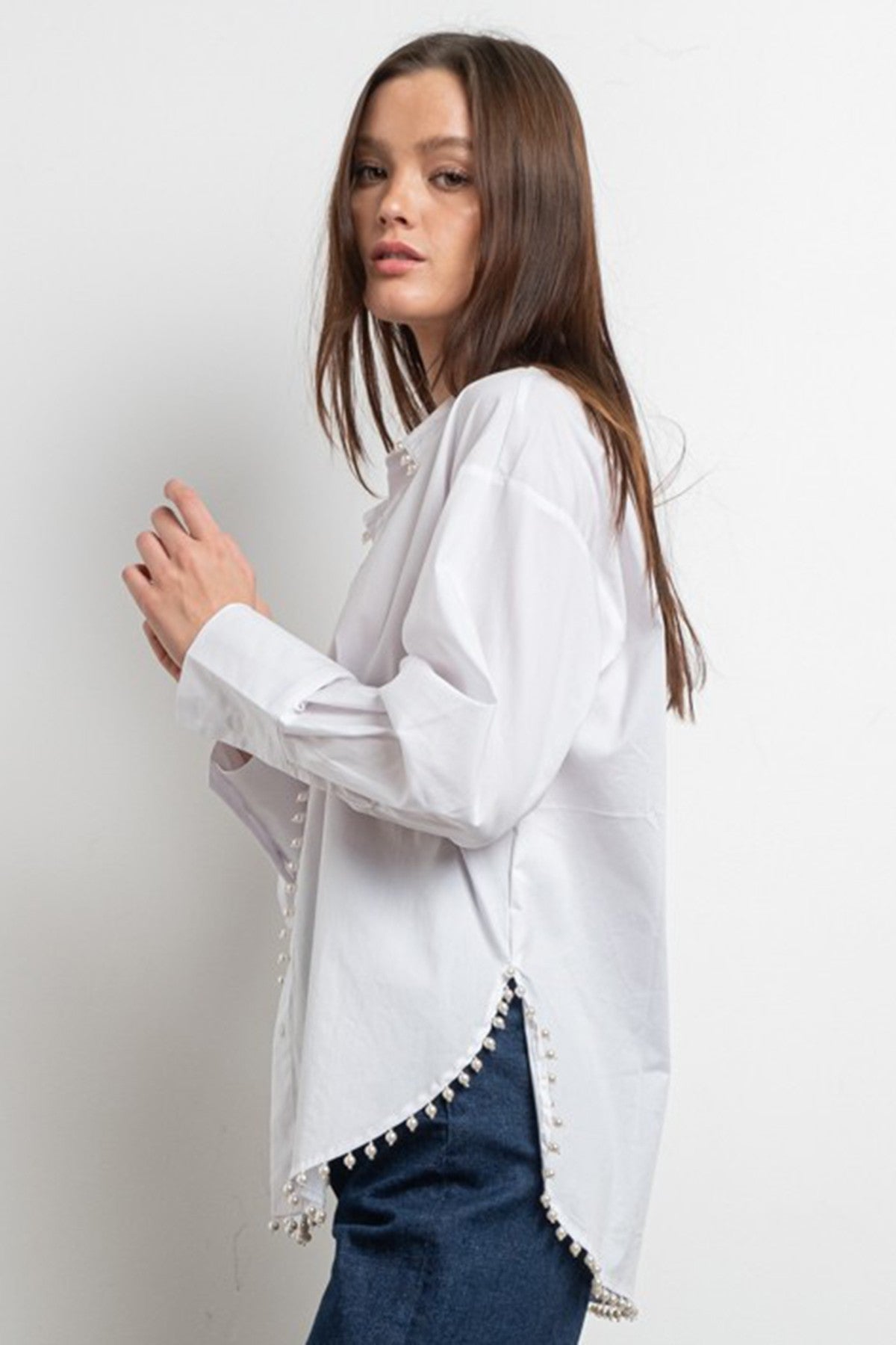 Pearl Edge Poplin Blouse - White-130 Long Sleeve Tops-KIWI-Coastal Bloom Boutique, find the trendiest versions of the popular styles and looks Located in Indialantic, FL