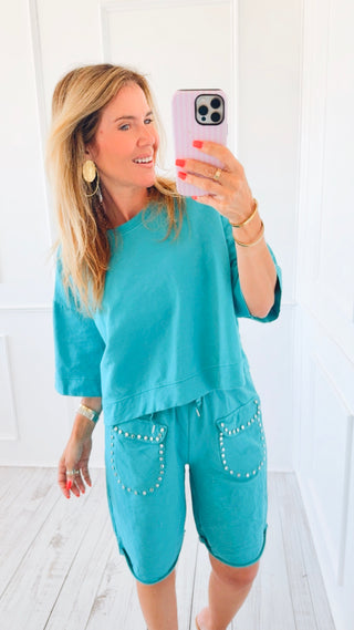 Studded Pocket Italian Jogger Shorts - Turquoise
