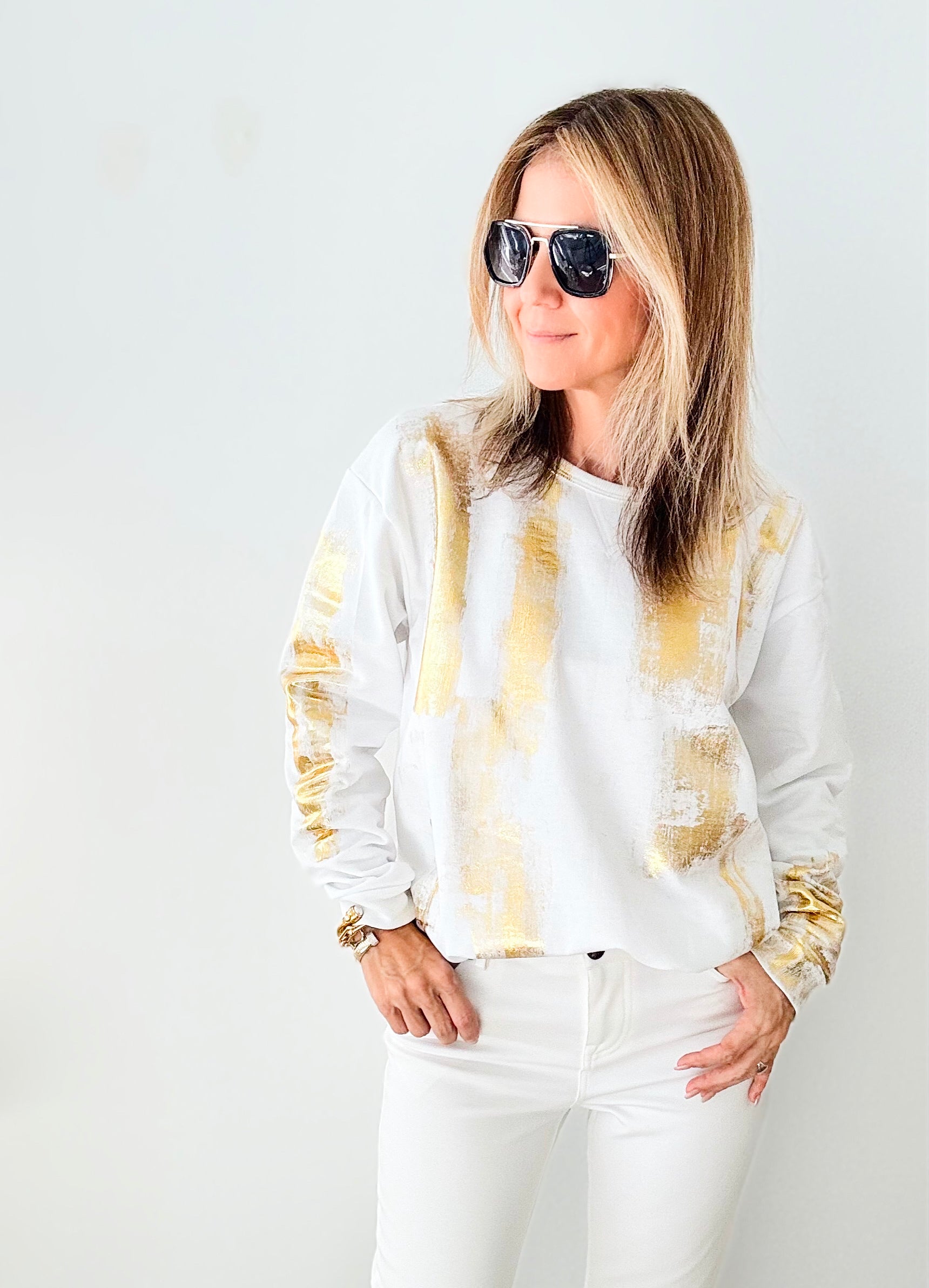 CB Custom Metallic Sweatshirt - White-130 Long Sleeve Tops-Holly-Coastal Bloom Boutique, find the trendiest versions of the popular styles and looks Located in Indialantic, FL
