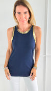 Metallic Foil Detailed Ribbed Italian Tank - Gold/Navy-100 Sleeveless Tops-Italianissimo-Coastal Bloom Boutique, find the trendiest versions of the popular styles and looks Located in Indialantic, FL