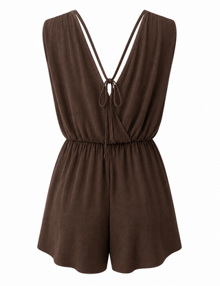 Woven Crinkle Draped Romper - Brown