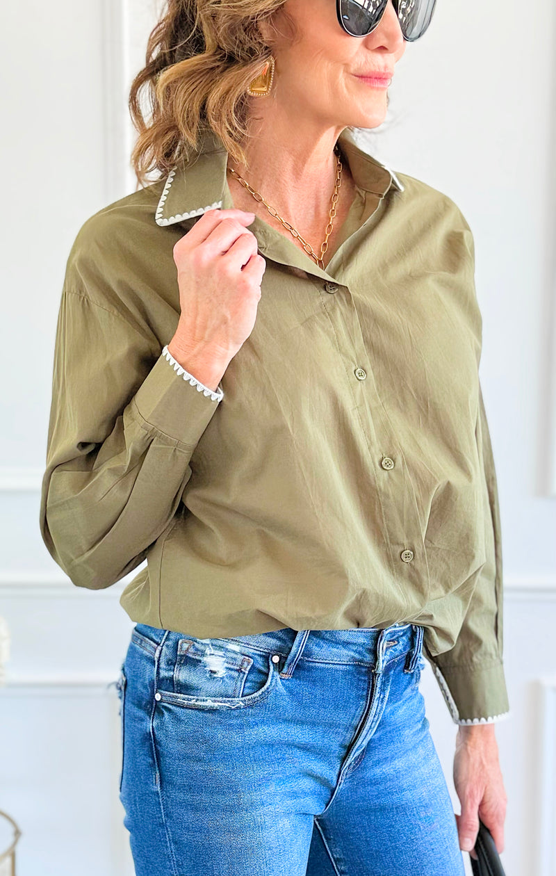 Delicate Edge Embroidered Blouse- Olive-170 Bottoms-V SKY-Coastal Bloom Boutique, find the trendiest versions of the popular styles and looks Located in Indialantic, FL