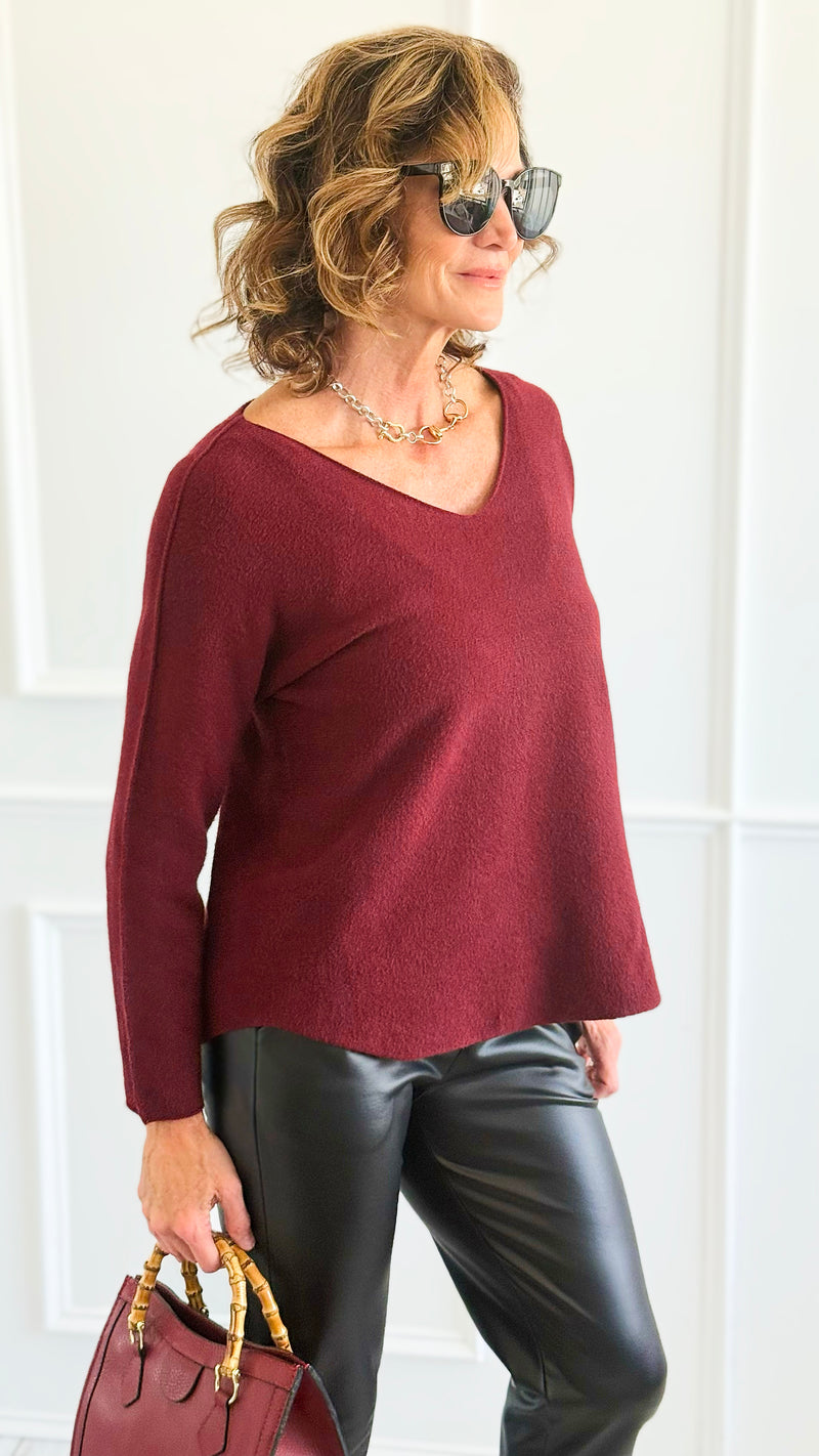Soho Italian V-Neck Pullover - Wine-140 Sweaters-Italianissimo/ Max & D-Coastal Bloom Boutique, find the trendiest versions of the popular styles and looks Located in Indialantic, FL