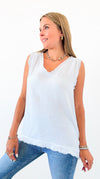 Casual Frayed V-Neck Top - White-100 Sleeveless Tops-Zenana-Coastal Bloom Boutique, find the trendiest versions of the popular styles and looks Located in Indialantic, FL