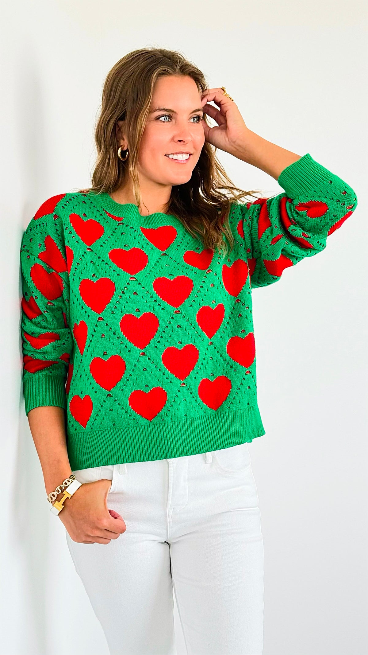 Hearts Knit Sweater-Green-140 Sweaters-MIRACLE-Coastal Bloom Boutique, find the trendiest versions of the popular styles and looks Located in Indialantic, FL