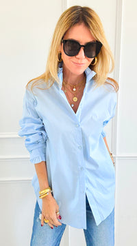Sophia Ruffled Italian Shirt- Sky Blue-110 Long Sleeve Tops-TATTOO Z-Coastal Bloom Boutique, find the trendiest versions of the popular styles and looks Located in Indialantic, FL