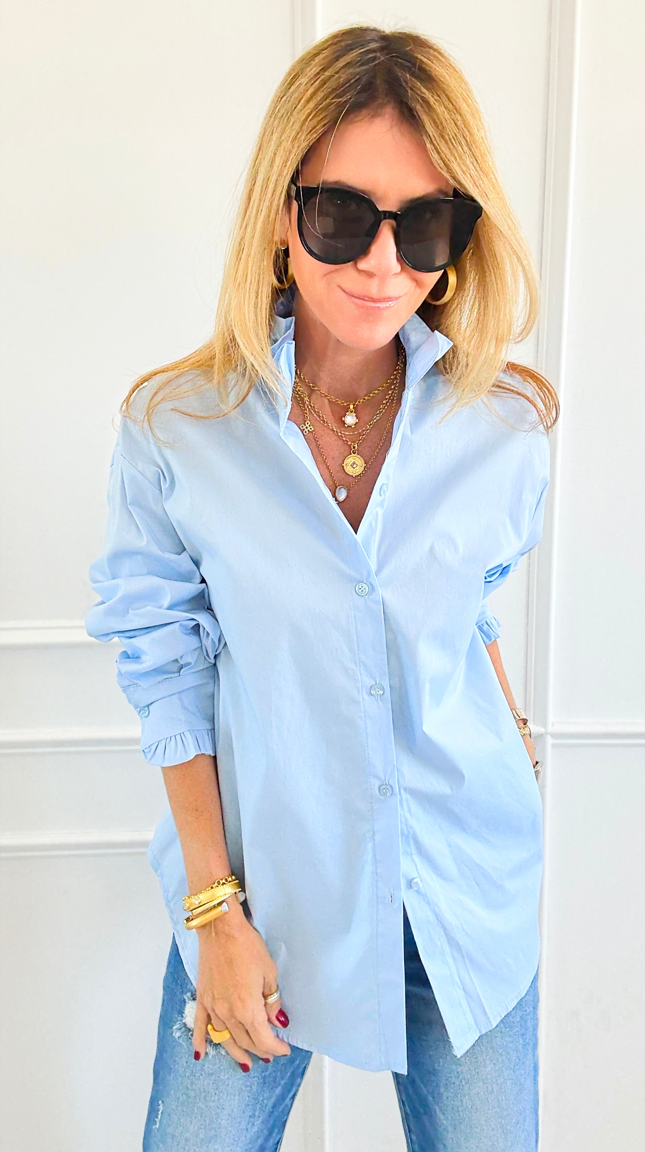 Sophia Ruffled Italian Shirt- Sky Blue-110 Long Sleeve Tops-TATTOO Z-Coastal Bloom Boutique, find the trendiest versions of the popular styles and looks Located in Indialantic, FL