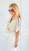 Flower Metallic & Striped Italian Blouse-170 Bottoms-SEÑORITA C/CLEAR S-Coastal Bloom Boutique, find the trendiest versions of the popular styles and looks Located in Indialantic, FL