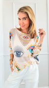 Evil Eye Italian St Tropez Knit- Cream-140 Sweaters-Italianissimo-Coastal Bloom Boutique, find the trendiest versions of the popular styles and looks Located in Indialantic, FL