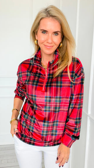 The Plaid Edit Quarter Zip Italian Top- Red