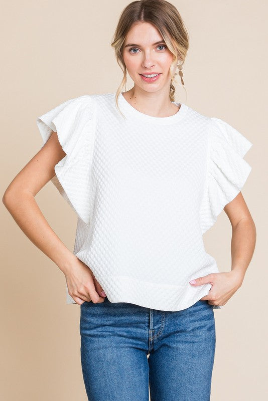 Sweet & Chic Ruffle Sleeve Quilted Top - White-110 Short Sleeve Tops-Jodifl-Coastal Bloom Boutique, find the trendiest versions of the popular styles and looks Located in Indialantic, FL