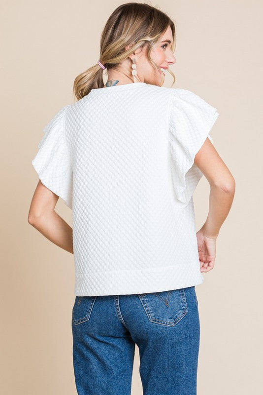 Sweet & Chic Ruffle Sleeve Quilted Top - White-110 Short Sleeve Tops-Jodifl-Coastal Bloom Boutique, find the trendiest versions of the popular styles and looks Located in Indialantic, FL
