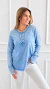 Sunday Stroll Mineral Wash Henley Top - Deep Sky-110 Long Sleeve Tops-Zenana-Coastal Bloom Boutique, find the trendiest versions of the popular styles and looks Located in Indialantic, FL