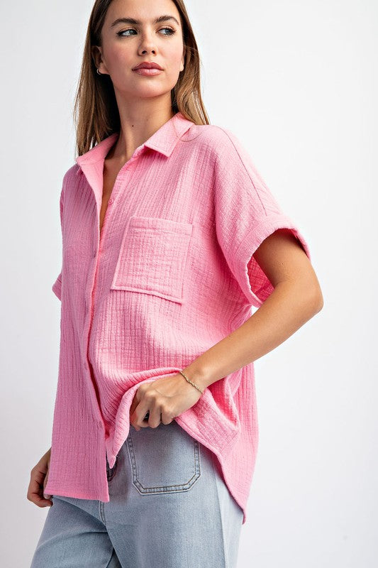 Gauze Button Down Top-Bubble Pink-110 Short Sleeve Tops-EESOME-Coastal Bloom Boutique, find the trendiest versions of the popular styles and looks Located in Indialantic, FL