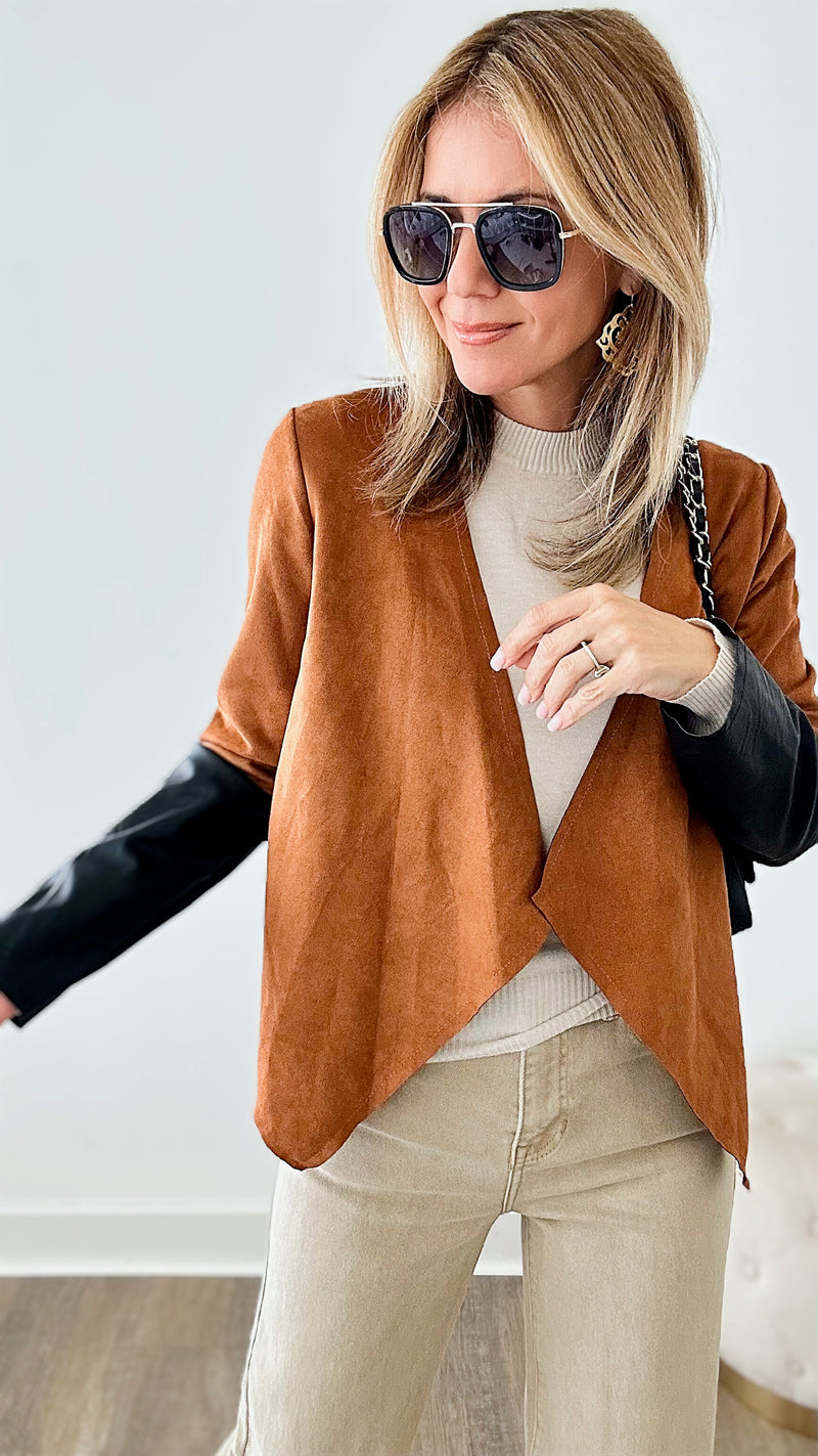 Italian Suede Drape Blazer- Camel/Black-160 Jackets-VENTI6 OUTLET-Coastal Bloom Boutique, find the trendiest versions of the popular styles and looks Located in Indialantic, FL