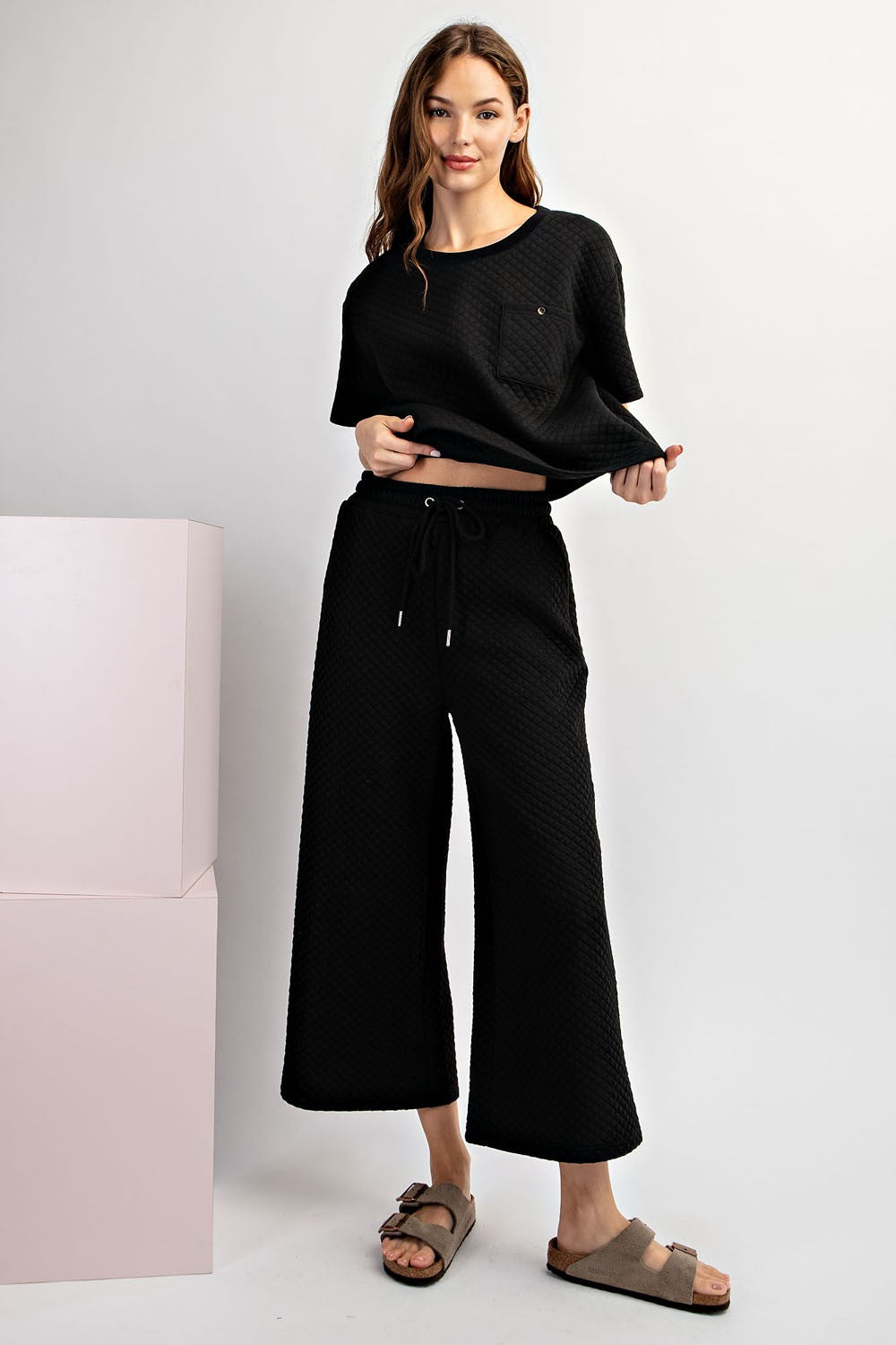 Textured Comfort Set - Black-170 Bottoms-ee:some-Coastal Bloom Boutique, find the trendiest versions of the popular styles and looks Located in Indialantic, FL