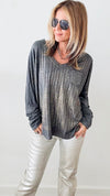 Shimmer and Shine V-Neck Italian Ribbed Pullover - Grey-140 Sweaters-Germany-Coastal Bloom Boutique, find the trendiest versions of the popular styles and looks Located in Indialantic, FL