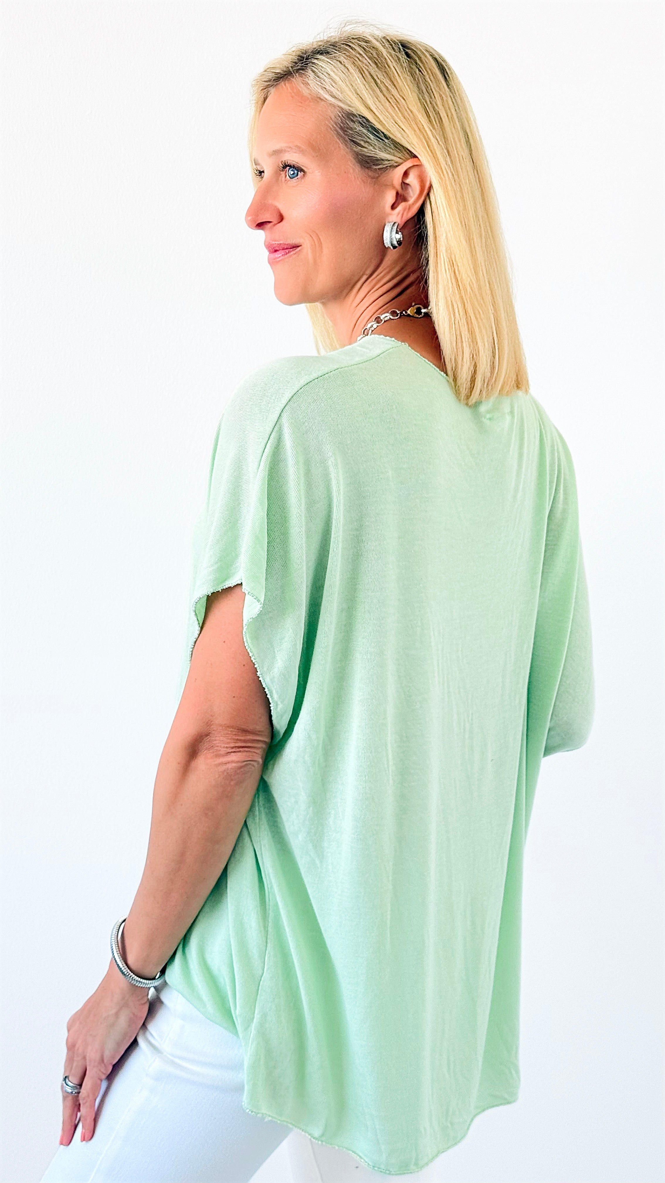 Relaxed Recoleta Lurex Trim Short Sleeve Italian Top- Light Green-110 short Sleeve Top-Italianissimo-Coastal Bloom Boutique, find the trendiest versions of the popular styles and looks Located in Indialantic, FL