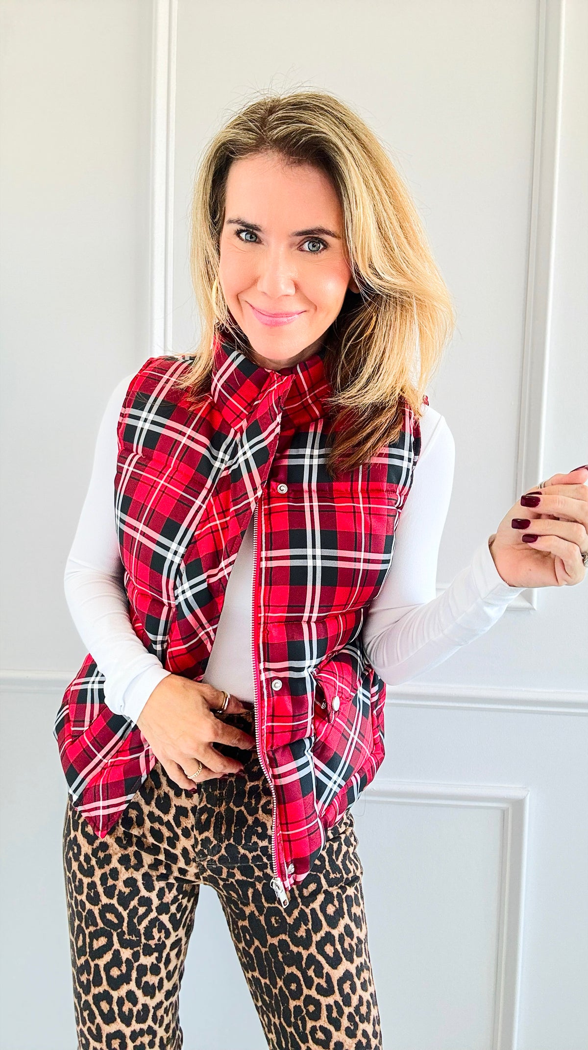 Plaid Printed Padded Vest - Red-150 Cardigans/Layers-Jodifl-Coastal Bloom Boutique, find the trendiest versions of the popular styles and looks Located in Indialantic, FL