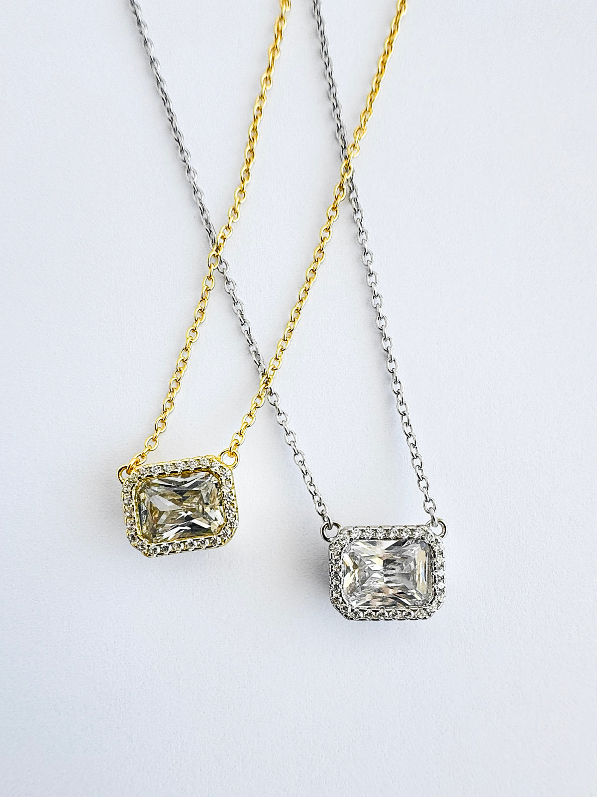 Sterling Silver Emerald Cut Halo Necklace-230 Jewelry-NYC-Coastal Bloom Boutique, find the trendiest versions of the popular styles and looks Located in Indialantic, FL