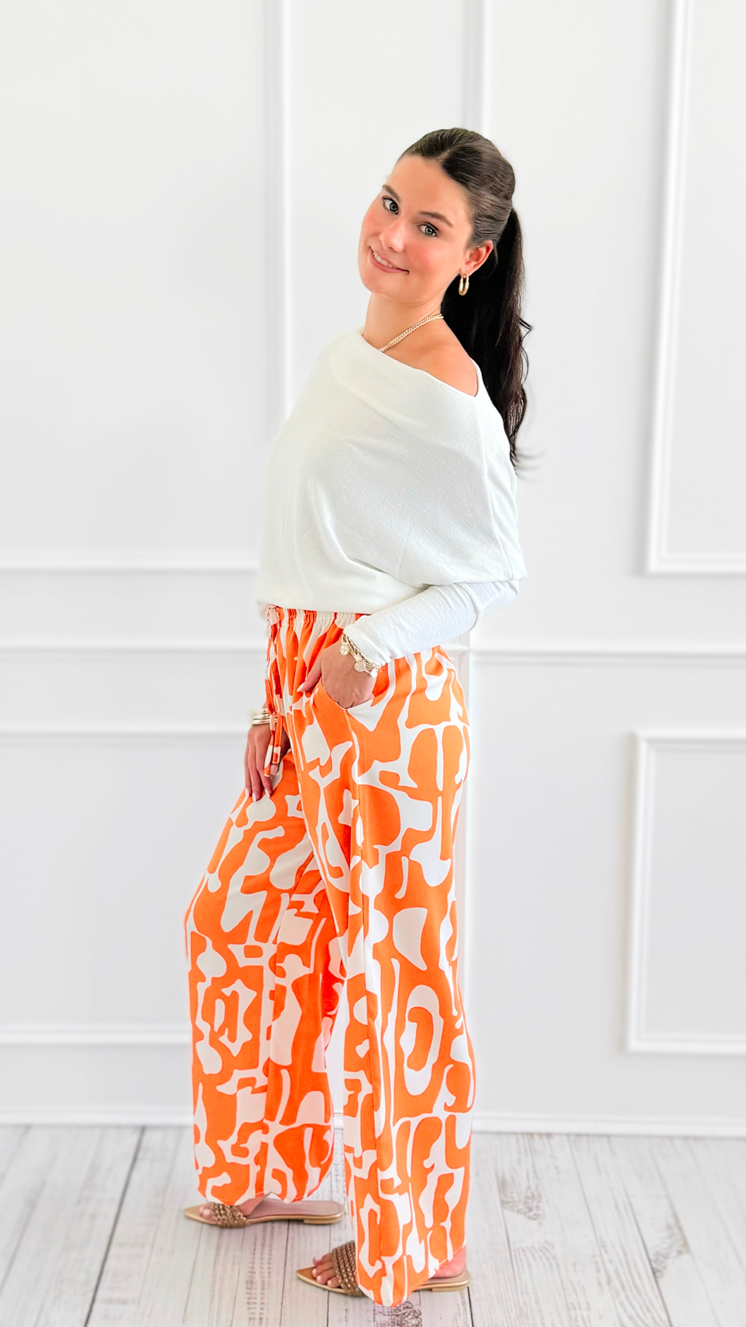 Tropic Whispers Wide Leg Pants - Orange-170 Bottoms-GIGIO-Coastal Bloom Boutique, find the trendiest versions of the popular styles and looks Located in Indialantic, FL
