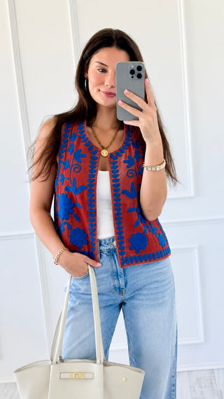 Velvet Gingham Embroidered Floral Vest