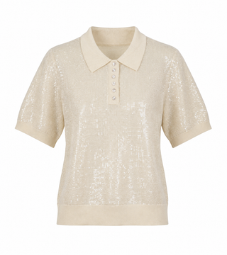 Sequin Knit Polo Top - Cream