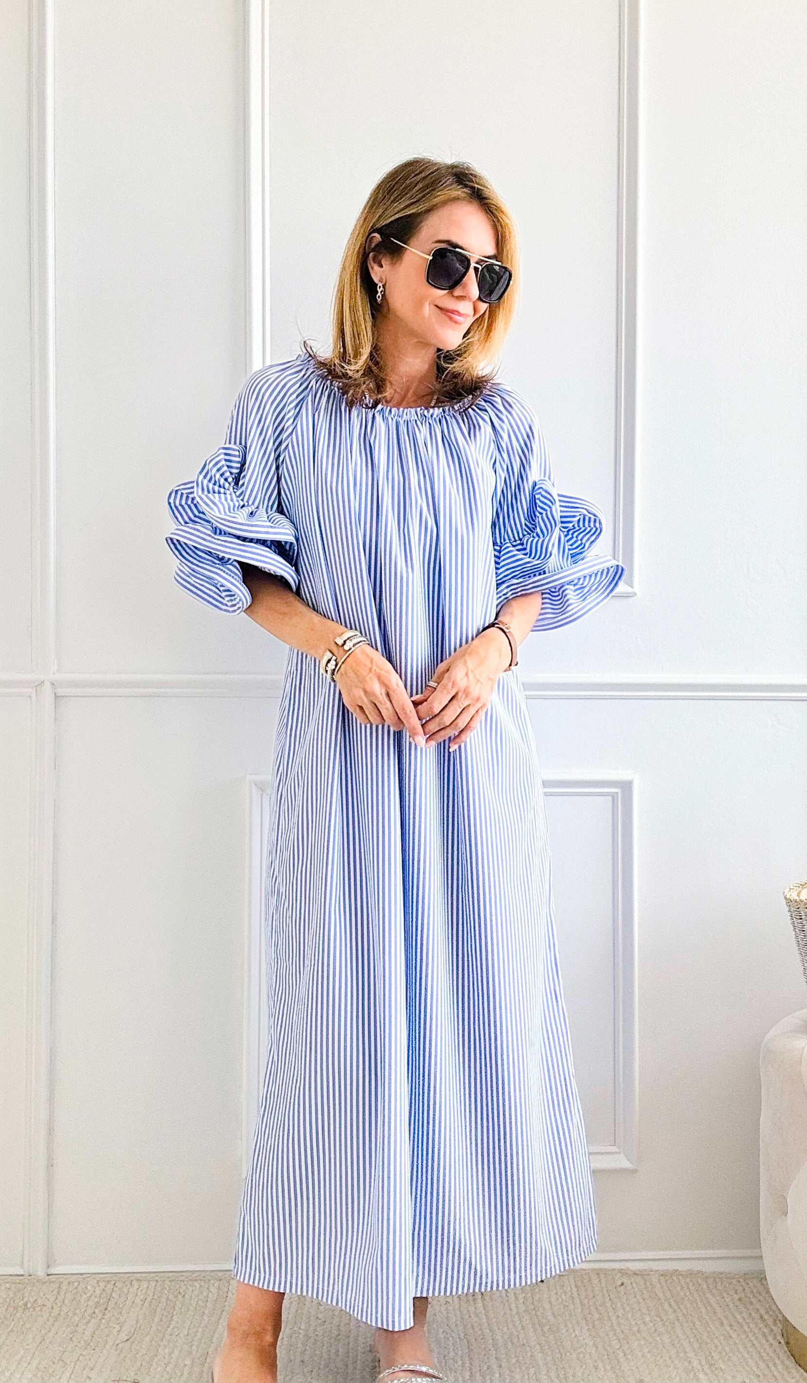 Double Ruffle Charm Italian Dress - Blue-200 dresses/jumpsuits/rompers-Italianissimo-Coastal Bloom Boutique, find the trendiest versions of the popular styles and looks Located in Indialantic, FL