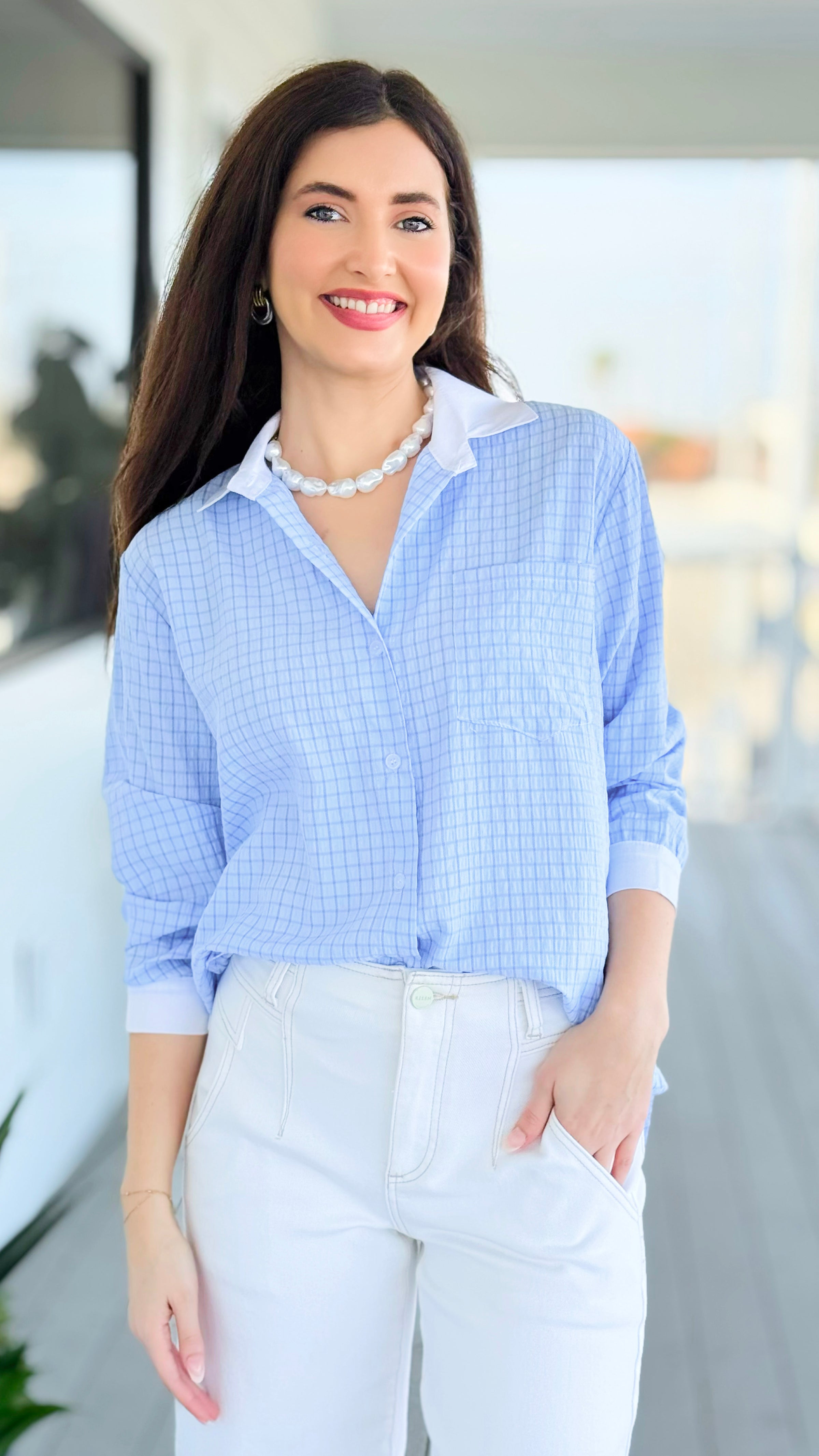Smart Lines Italian Button Top- Blue