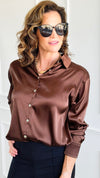 Vivienne Button Down Blouse - Brown-110 Long Sleeve Tops-Zenana-Coastal Bloom Boutique, find the trendiest versions of the popular styles and looks Located in Indialantic, FL
