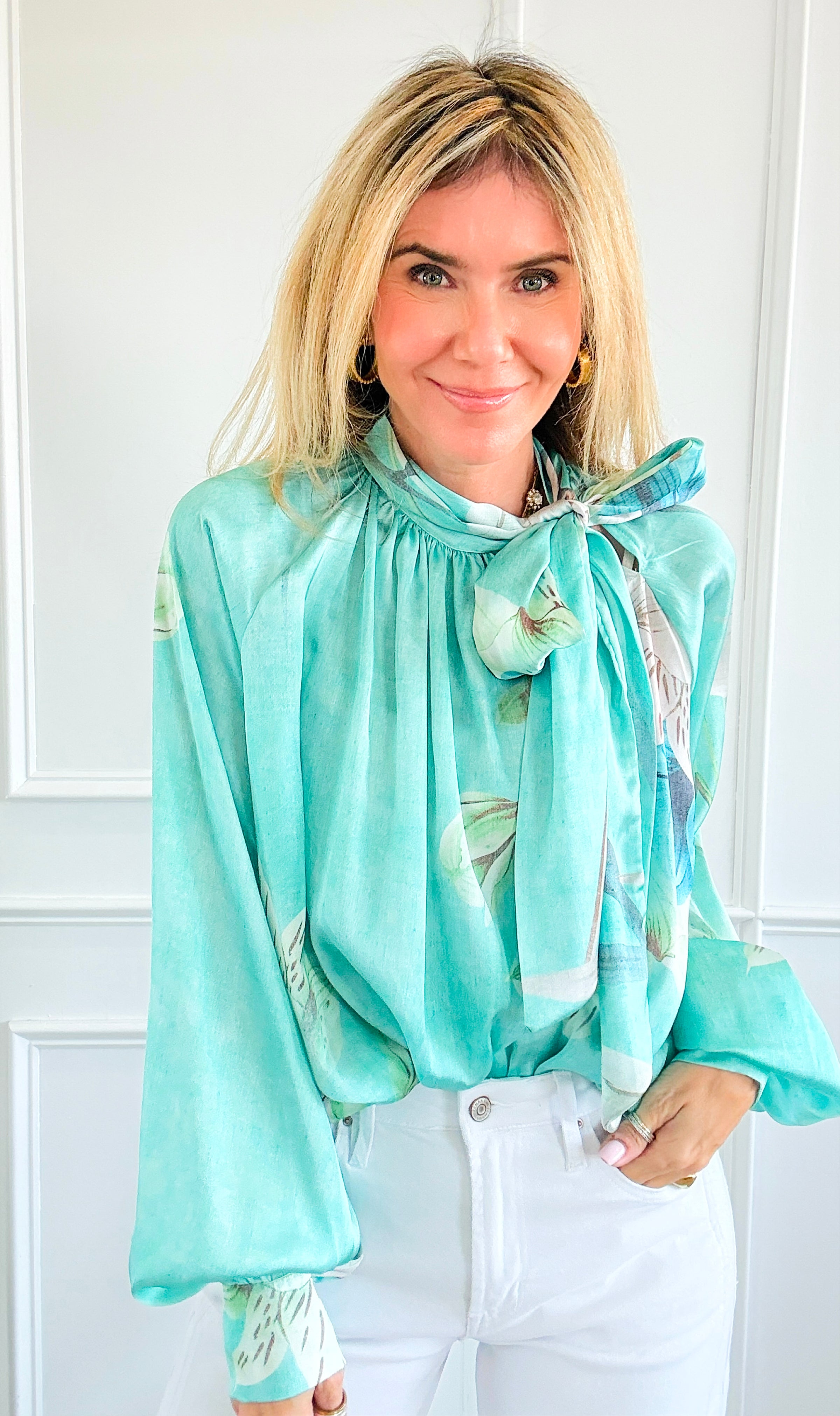 Blooming Tie Neck Button Italian Top