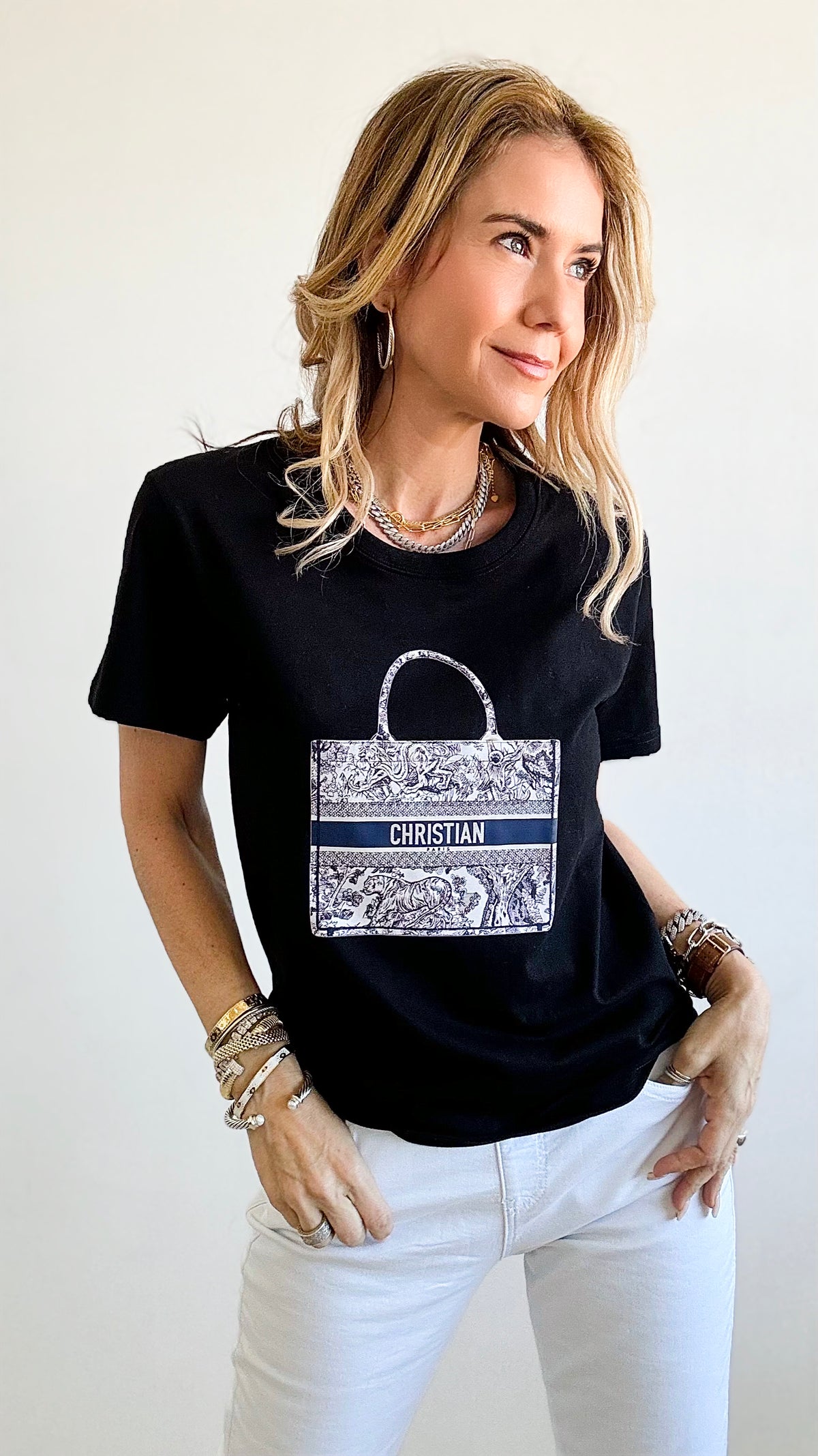 Adorable Toile Bag Print T-Shirt - Black-110 Short Sleeve Tops-CBALY-Coastal Bloom Boutique, find the trendiest versions of the popular styles and looks Located in Indialantic, FL