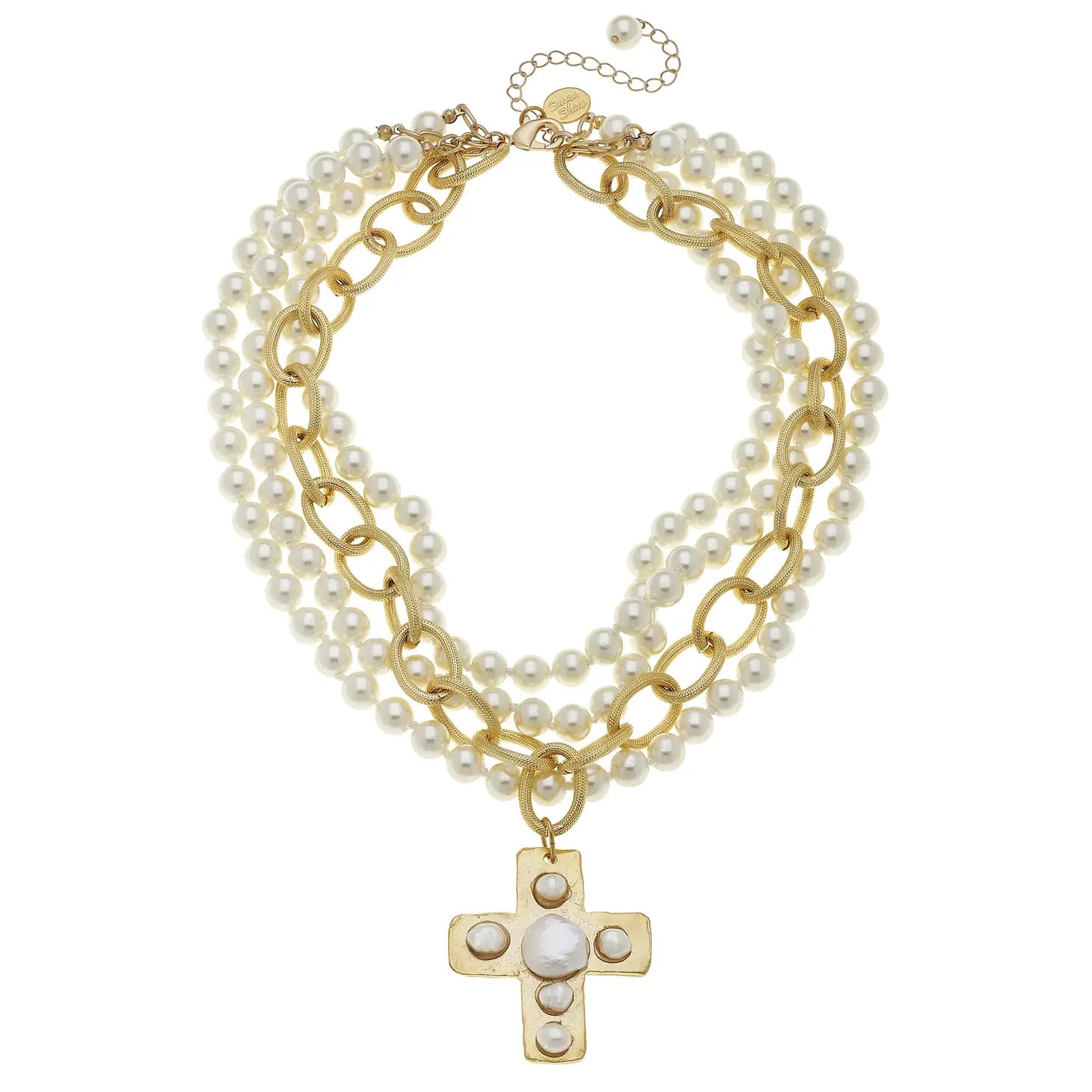 Multi Strand Gold Freshwater Cross Pearl Necklace - Susan Shaw-230 Jewelry-SUSAN SHAW-Coastal Bloom Boutique, find the trendiest versions of the popular styles and looks Located in Indialantic, FL