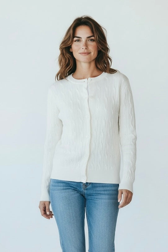 Cable Knit Crew Neck Cardigan - Ivory-150 Cardigans/Layers-Cielo-Coastal Bloom Boutique, find the trendiest versions of the popular styles and looks Located in Indialantic, FL