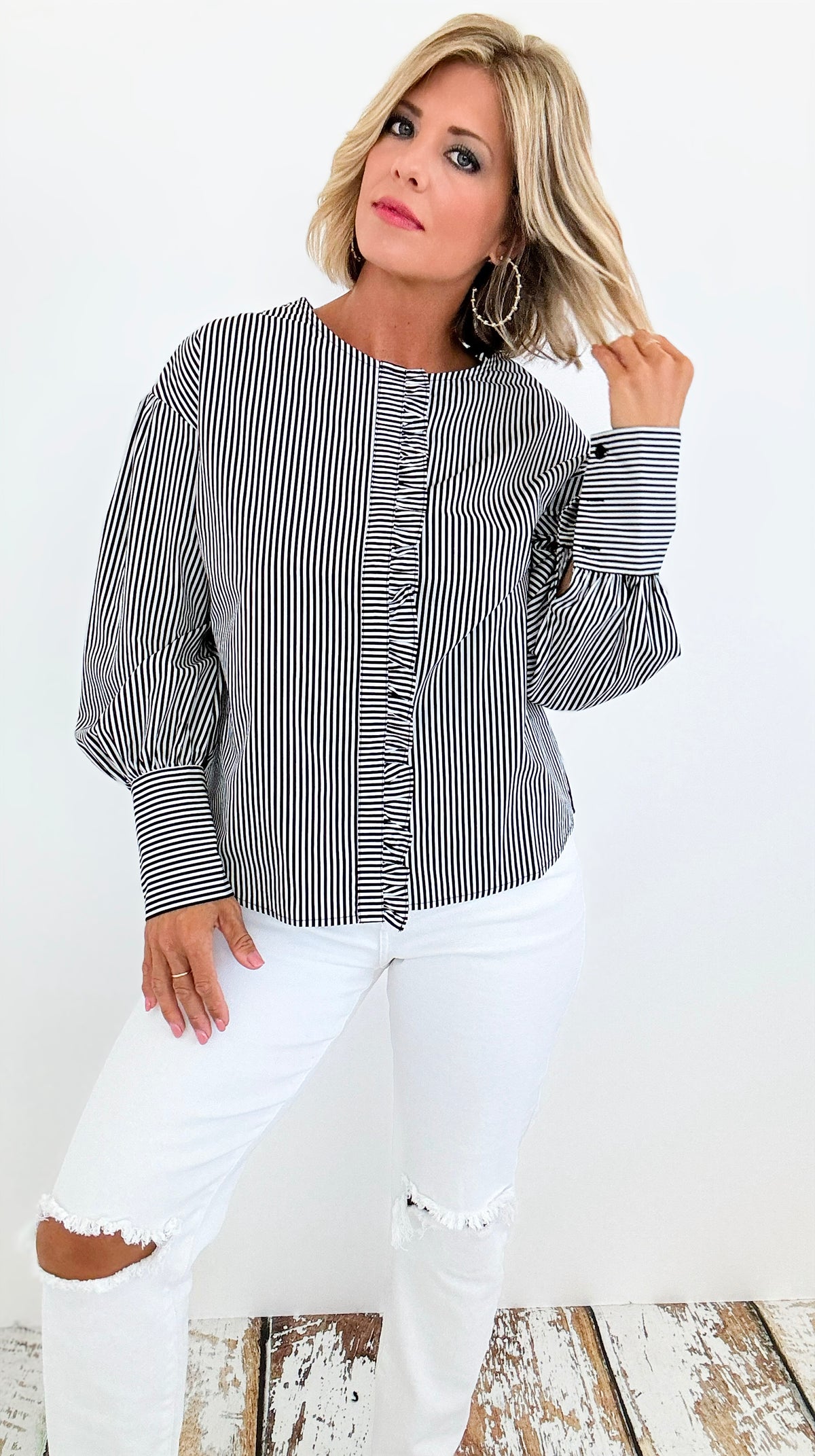 Parisian Stripe Ruffle Blouse - Black-130 Long Sleeve Tops-ROUSSEAU-Coastal Bloom Boutique, find the trendiest versions of the popular styles and looks Located in Indialantic, FL