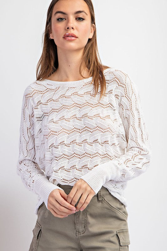 Textured Crochet Long Sleeve Top - Off White-130 Long Sleeve Tops-EESOME-Coastal Bloom Boutique, find the trendiest versions of the popular styles and looks Located in Indialantic, FL